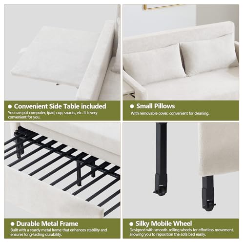 3-in-1 Sleeper Sofa Bed, 51'' Convertible Folding Couch with Pullout Bed, Chenille Futon Sleeper Sofa with Side Table and 2 Pillows, Grey A67760