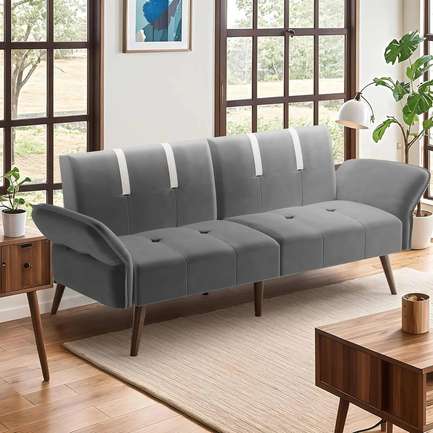 Convertible Sofa Futon Sofa Bed with Adjustable Armrest Backrest J596124