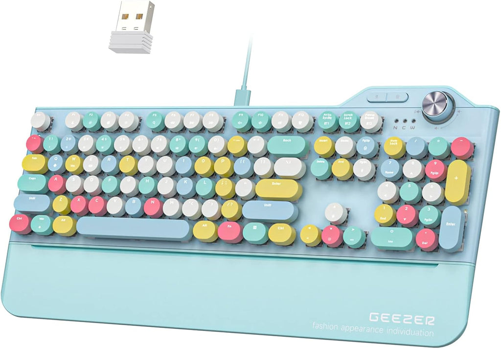 Wireless Mechanical Keyboard with LED Backlit, Bluetooth 5.1/USB Wired Rechargeable 104 Keys Full-Size Blue Switch Round Keycap with Ergonomic Magnetic Wrist Rest N986055