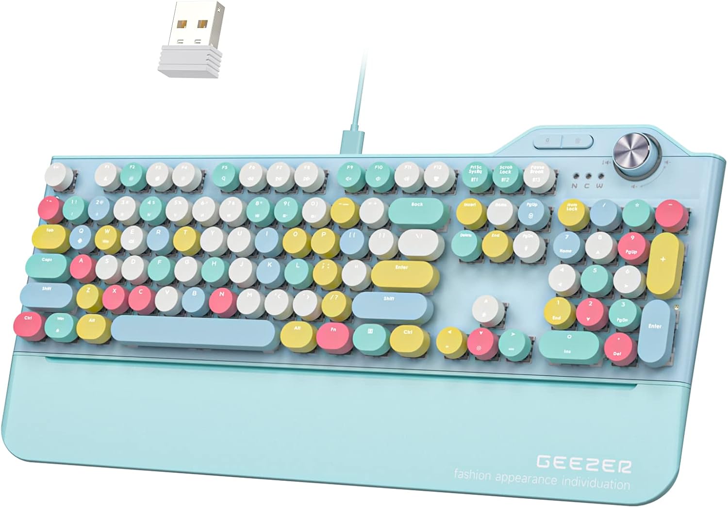 Wireless Mechanical Keyboard with LED Backlit, Bluetooth 5.1/USB Wired Rechargeable 104 Keys Full-Size Blue Switch Round Keycap with Ergonomic Magnetic Wrist Rest N986055