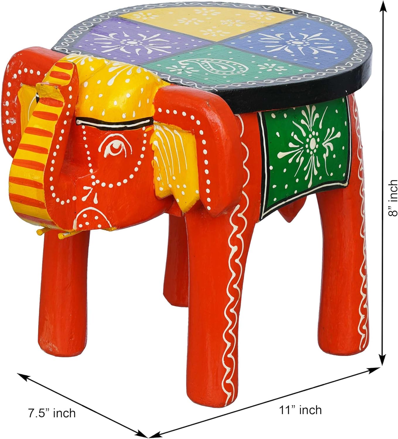 Handcrafted Emboss Painted Colorful Wooden Elephant Shape Stool Table Medium V780167