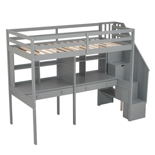 Gray Full Size Wood Loft Bed with Desk, Wardrobe and Three Storage Drawers K396673