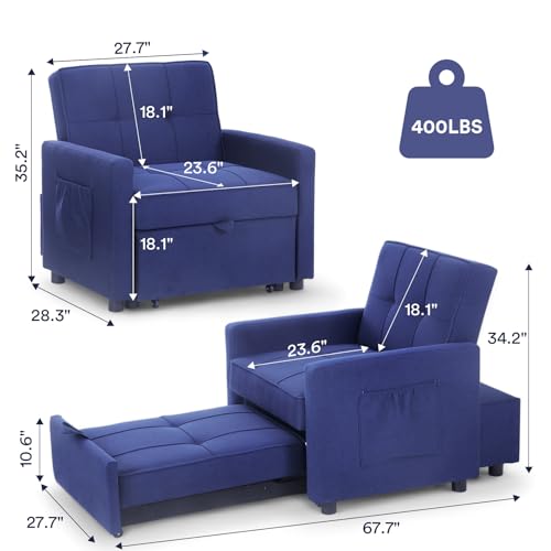 Blue Velvet Convertible Sleeper Sofa Bed with 2 Pillows N837729