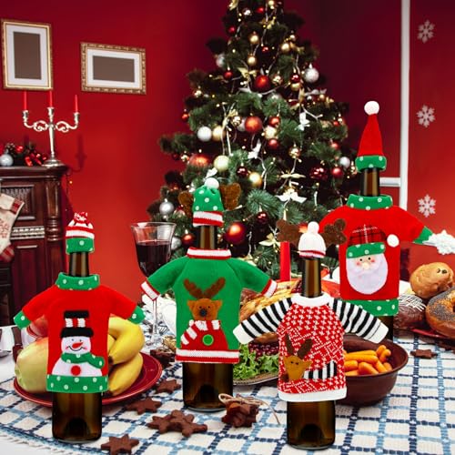 16 Sets Christmas Wine Bottle Sweater Cover with Hat Knitted Dress Snowman Elk Santa X3406