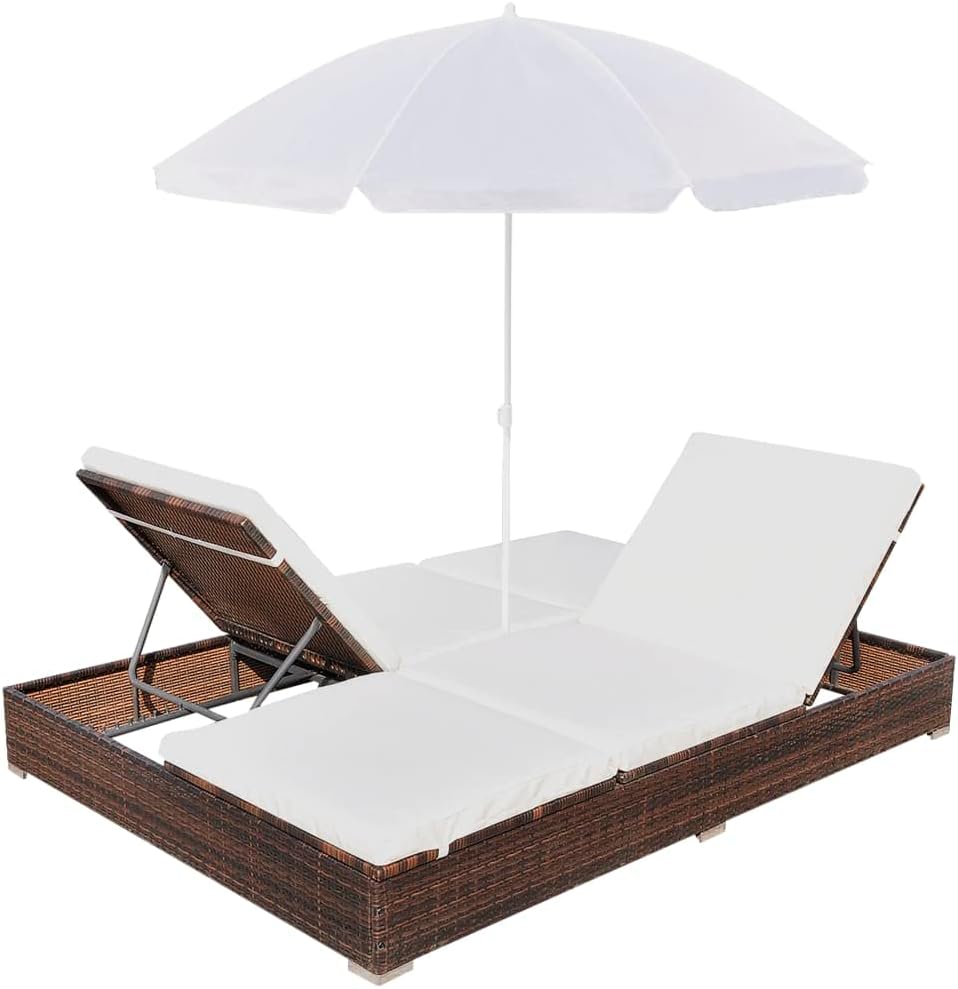 Brown Poly Rattan 2-Person Sun Lounger with Cushion and Umbrella M204