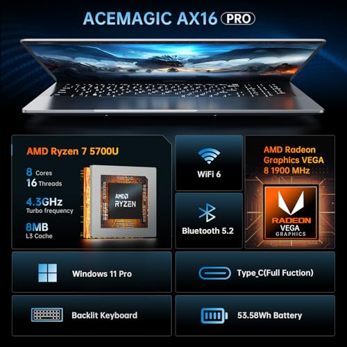 16.1inch Gaming Laptop with AMD Ryzen 7 5700U, 16GB RAM 512GB NVMe SSD Y85582