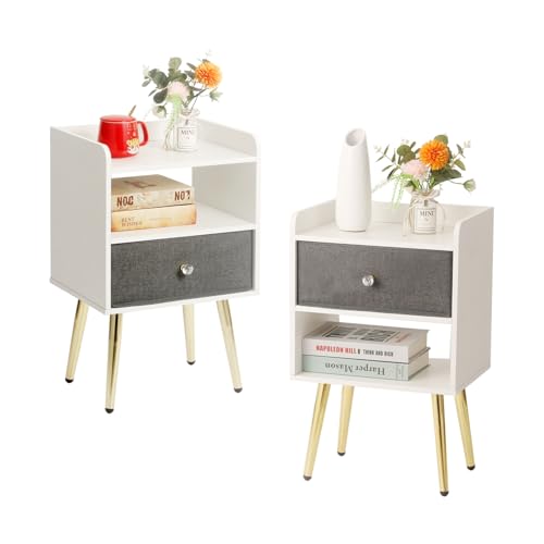 White Nightstand with Drawer Fabric Cabinet Storage with Sliding Drawers and Shelf C538545