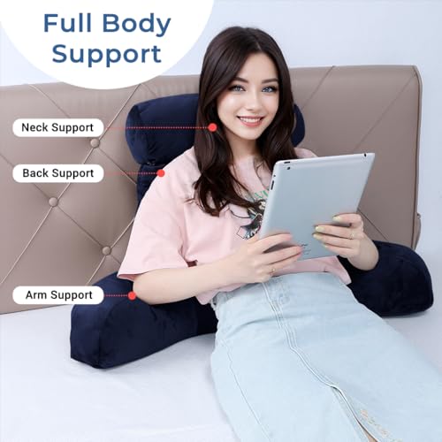 Grey Backrest Pillow with Arms, Headrest, Pockets, Removable Washable Cover, Detachable Neck Roll (Large 27") A9241