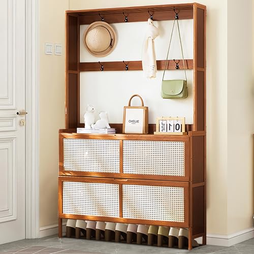 Bamboo Hall Tree with Shoe Storage, 14 Shoe Cubbies, 8 Coat Hooks, Rustic Brown S36359