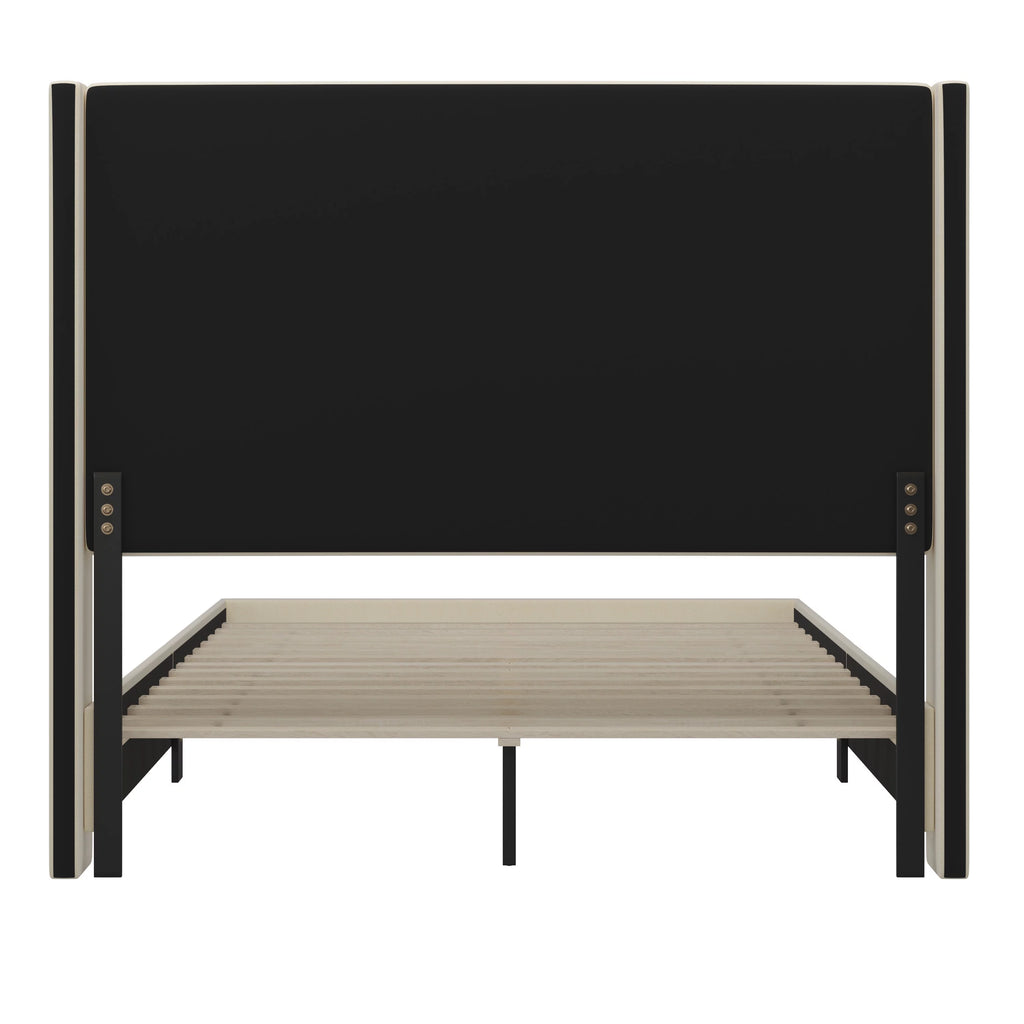 Beige Queen Size Platform Bed Frame with Padded Faux Linen Upholstered Wingback Headboard J85228