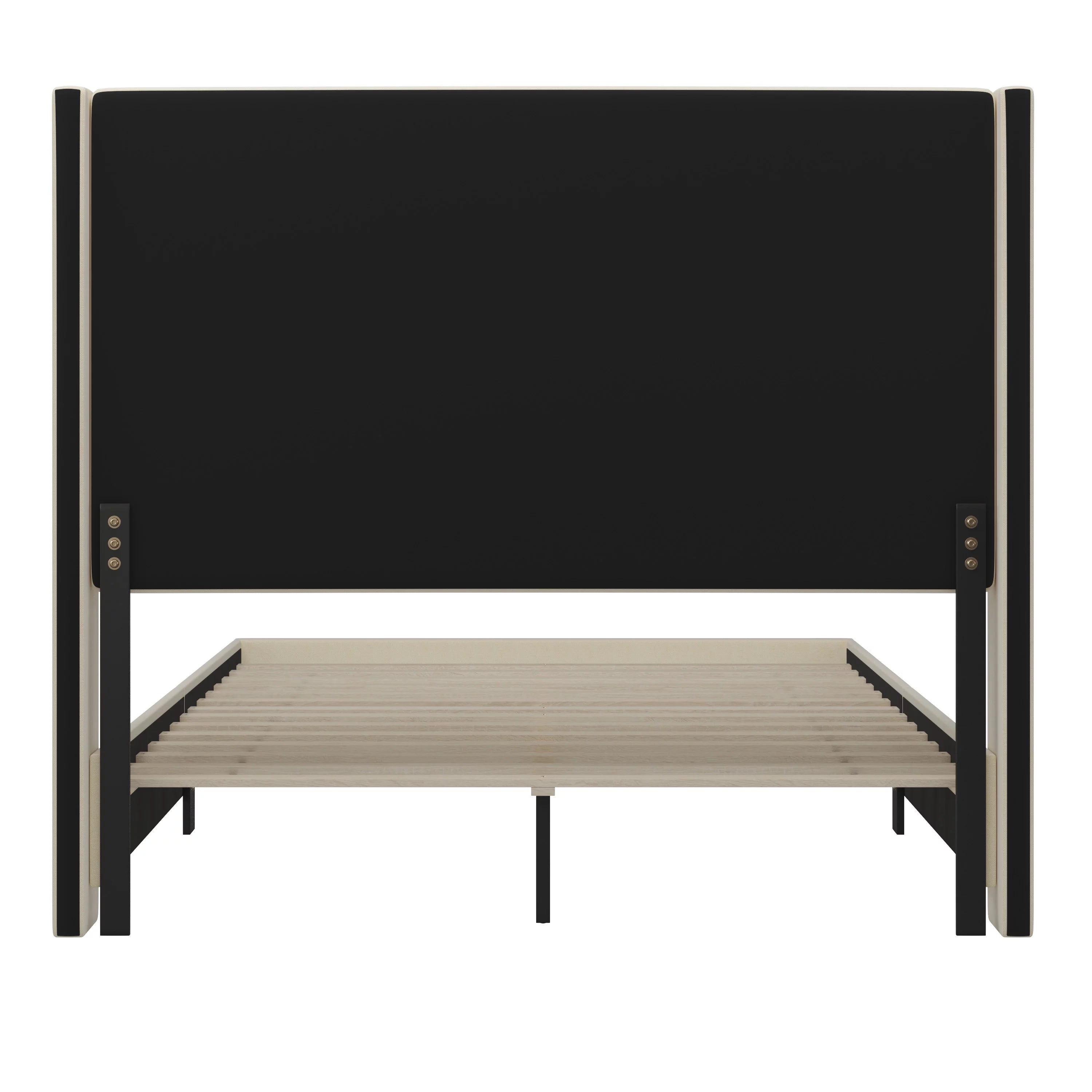Beige Queen Size Platform Bed Frame with Padded Faux Linen Upholstered Wingback Headboard J85228