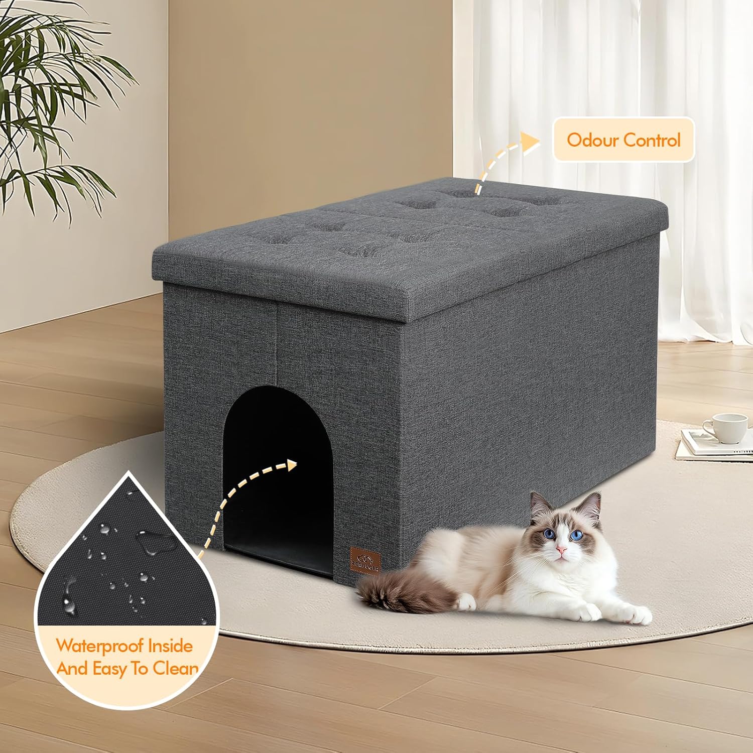 Gray Cat Litter Box Enclosure Furniture Ottoman with Flip-Up Lid (30 x 20 x 20 Inches) F12788