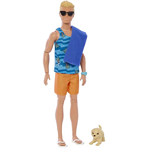 Poseable Blonde Ken Beach Doll with Surfboard and Pet Puppy O3061