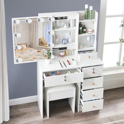 White Vanity Stool with Upholstered Cushion A7947
