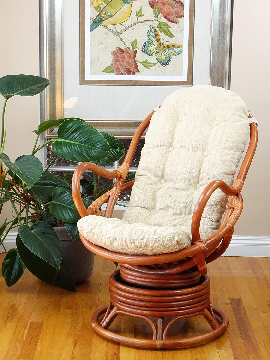 2 PC Natural Rattan Swivel Rocking Chair Set with Cream Cushion and Coffee Table S5059