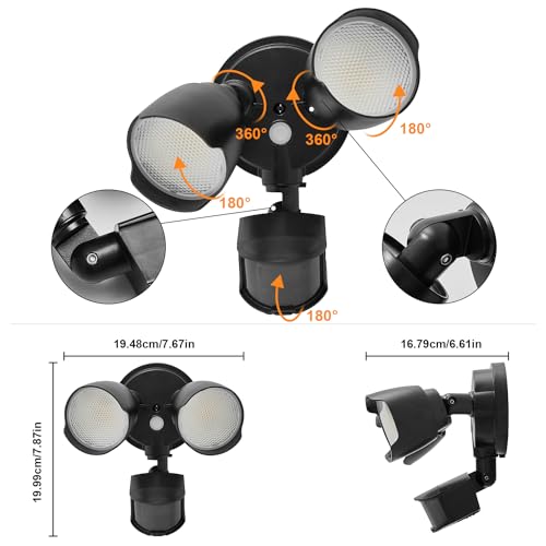 15W 1500 Lumen LED Security Lights with Motion Sensor Outdoor, 3000K/5000K Light, IP65 Waterproof, Dusk to Dawn, Dual-Head Flood Wall Light (Black) W116