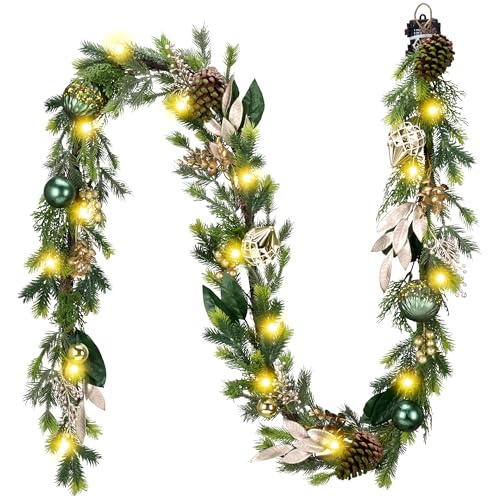 6Ft Prelit Christmas Garland with Pine Cone, Bow Ornaments (Green Gold) D810998