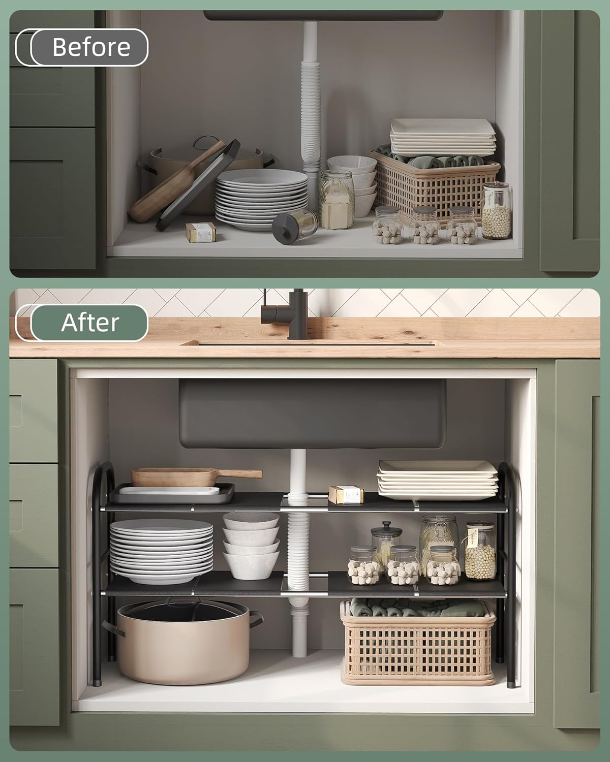 2 Tier Expandable Under Sink Organizer Shelf with 8 Removable Panels L77334