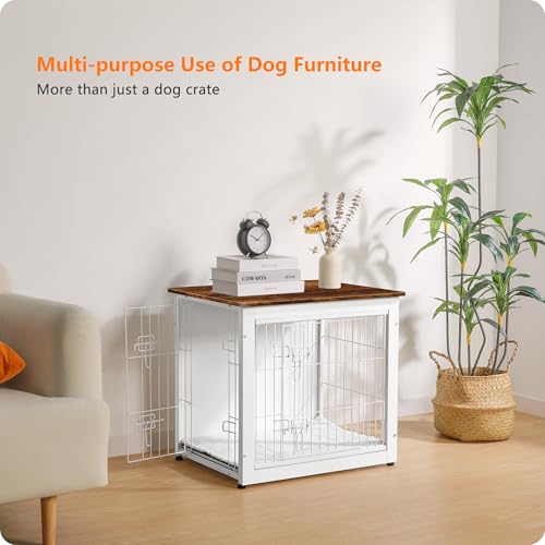 Dog Crate Furniture with Cushion, Wooden Kennel Table with Double Doors, Dark Gray H39636