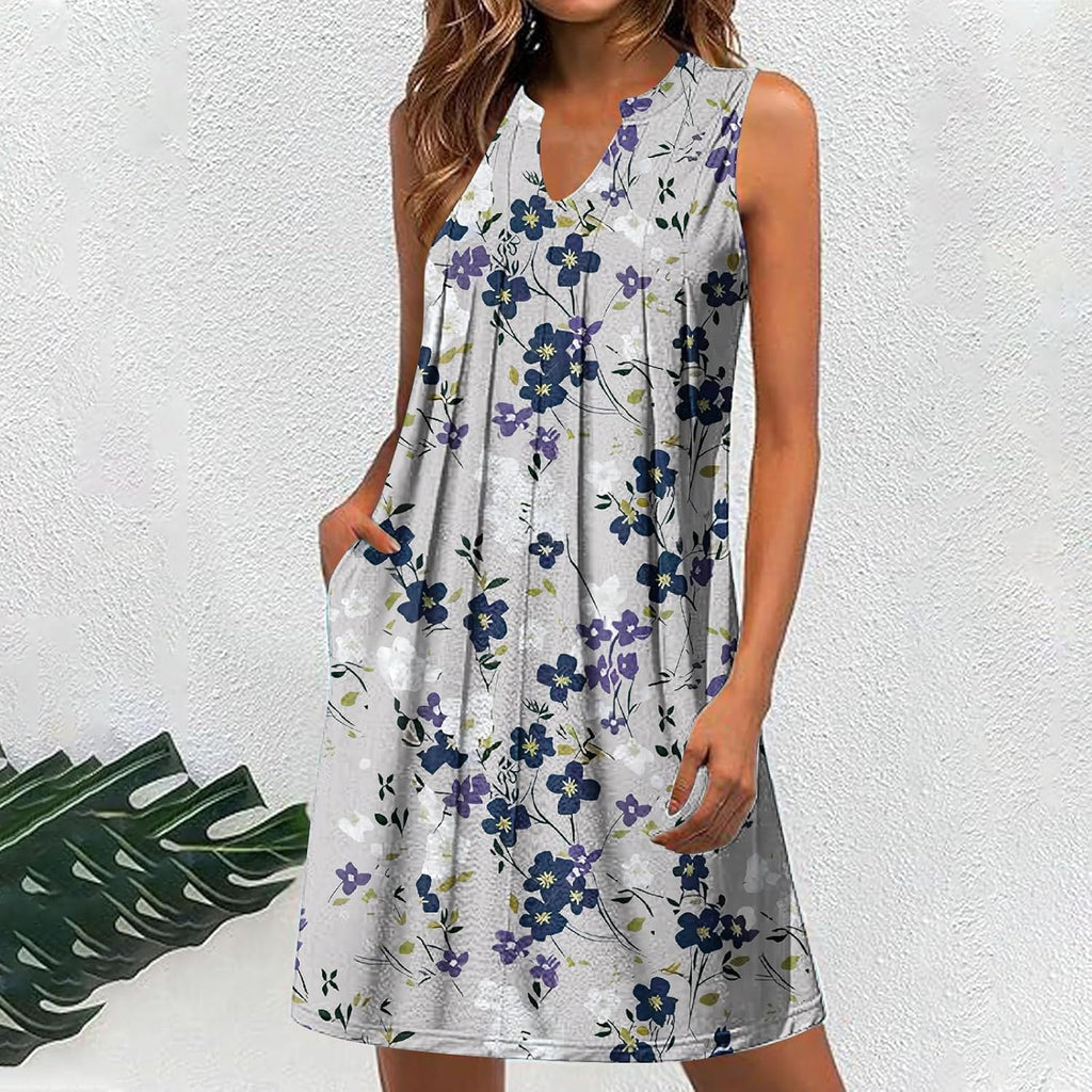 Women Casual A-Line Dress with Pockets Sleeveless V Neck Tshirt Dress Loose Pleated Flowy Dress P754