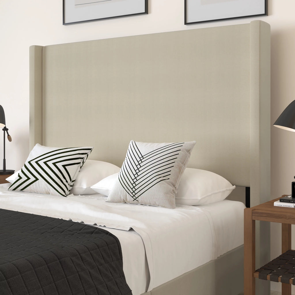 Beige Queen Size Platform Bed Frame with Padded Faux Linen Upholstered Wingback Headboard J85228