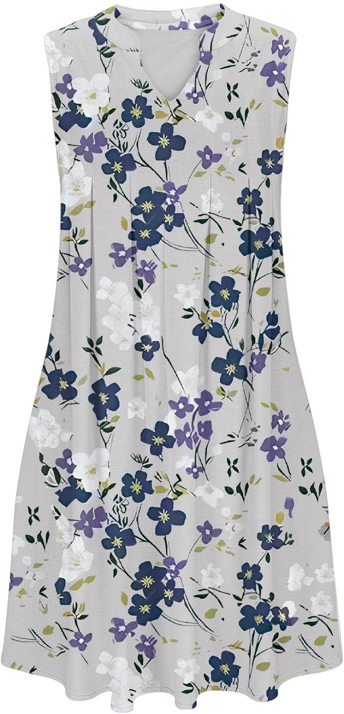 Women Casual A-Line Dress with Pockets Sleeveless V Neck Tshirt Dress Loose Pleated Flowy Dress P754