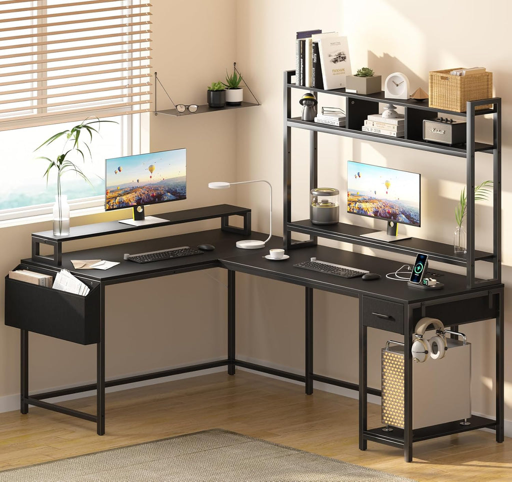 L Shaped Gaming Computer Desk with Monitor Shelf, Power Outlets & LED Lights A7639