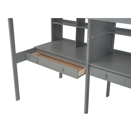 Gray Full Size Wood Loft Bed with Desk, Wardrobe and Three Storage Drawers K396673