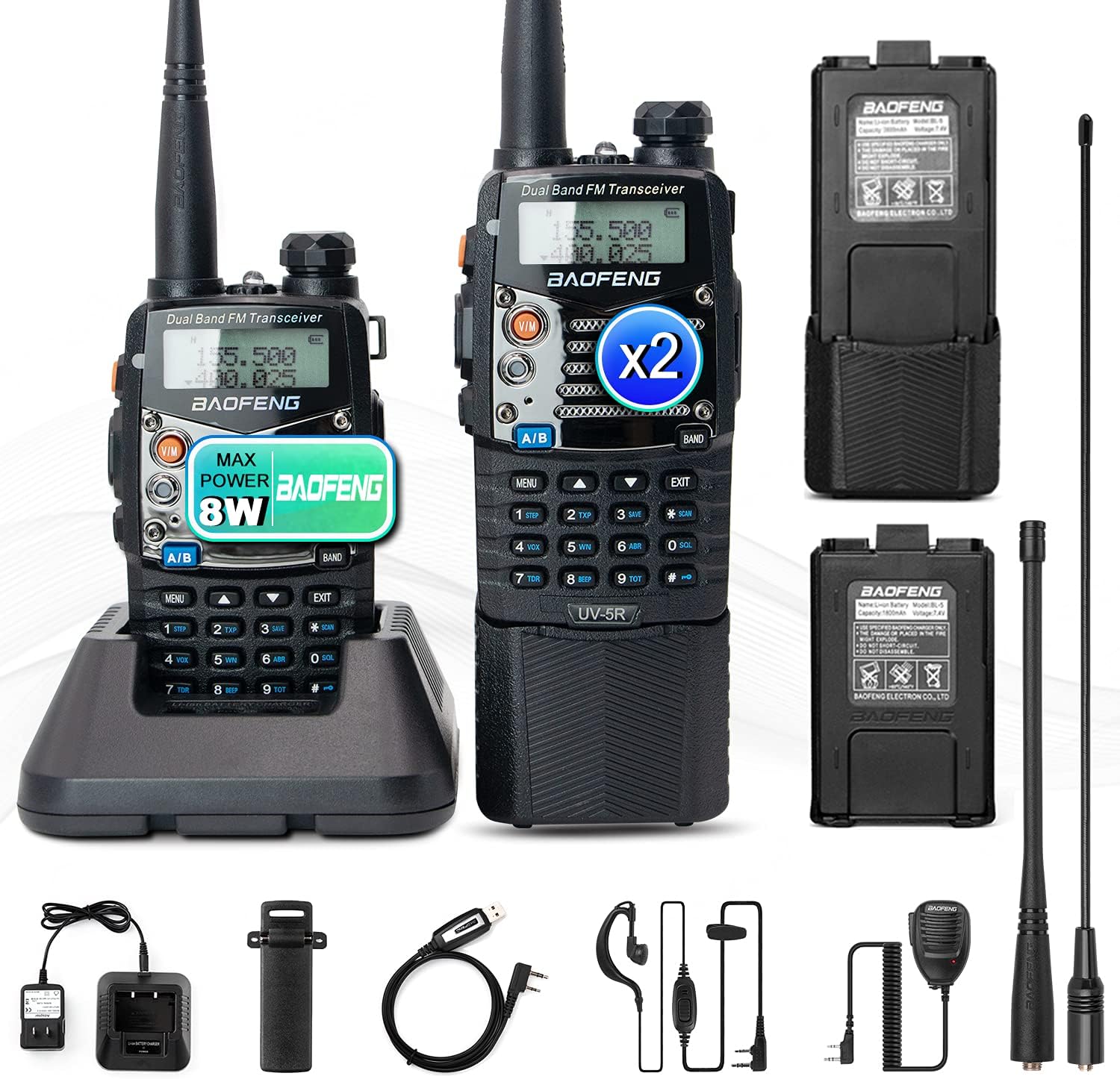Ham Radio Handheld Walkie Talkies UHF VHF Dual Band 2-Way Radio Full Kit with Extra 3800mAh Battery, Earpiece and Programming Cable Pack of 2 X68132