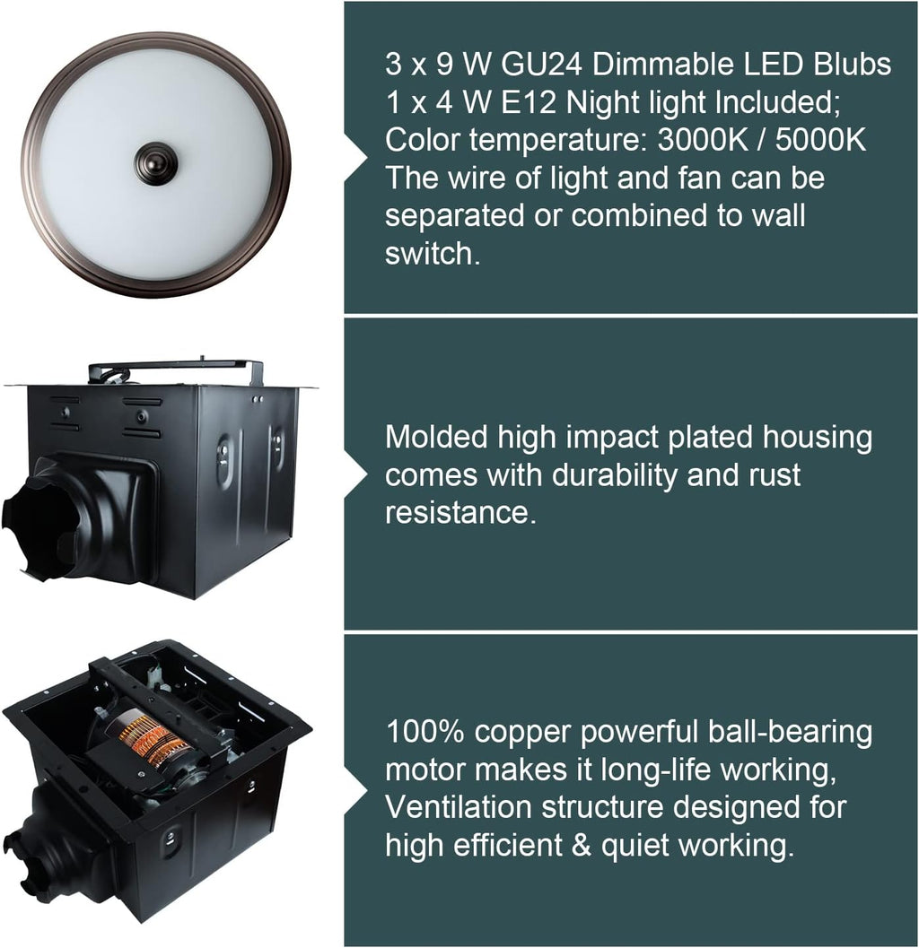 Bronze Round Exhaust Bathroom Fan with Light and Nightlight K521
