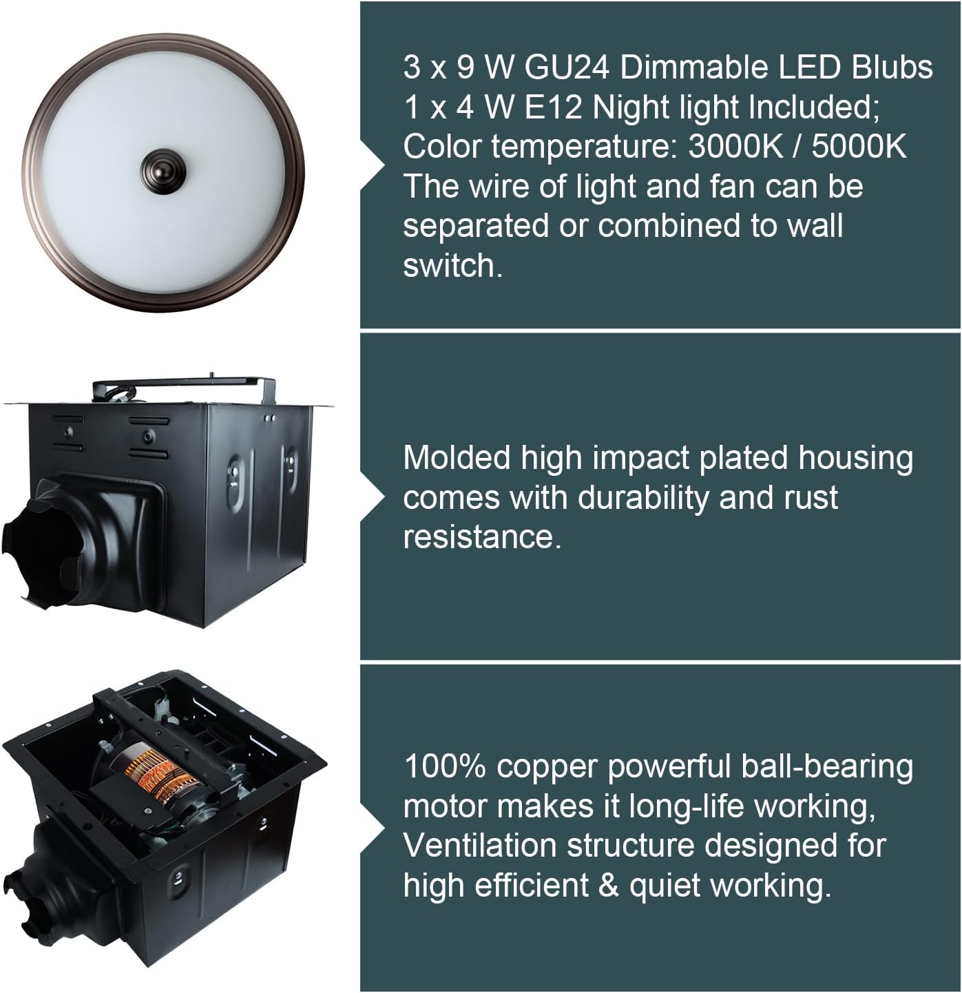 Bronze Round Exhaust Bathroom Fan with Light and Nightlight K521