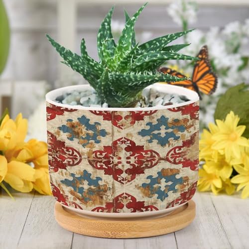 Blue And White Porcelain Ceramic Round Plant Pot with Drainage Holes And Bamboo Tray E588578