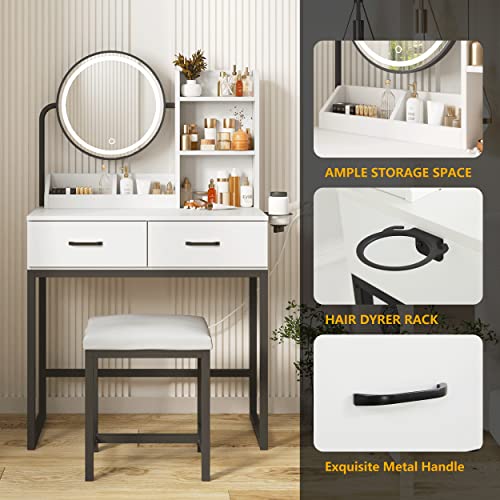 White Vanity Desk with Round Mirror and Lights and Hair Dryer Rack (Brown and Black, 15.75 * 31.5 * 53.6in) M372