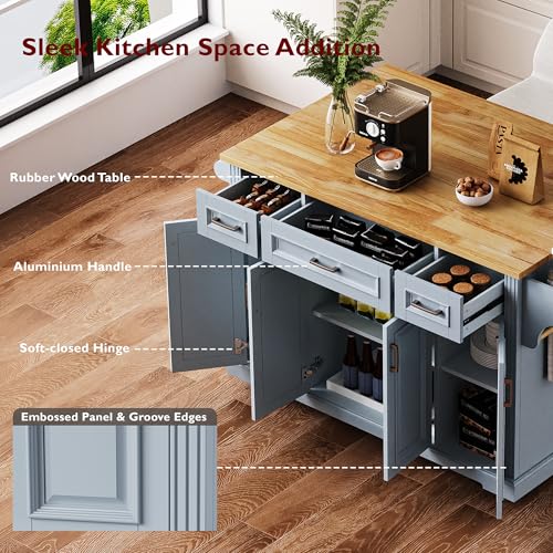 Green Large Kitchen Island with 2 Drop Leaf, 3 Drawers, 55.7" B9614