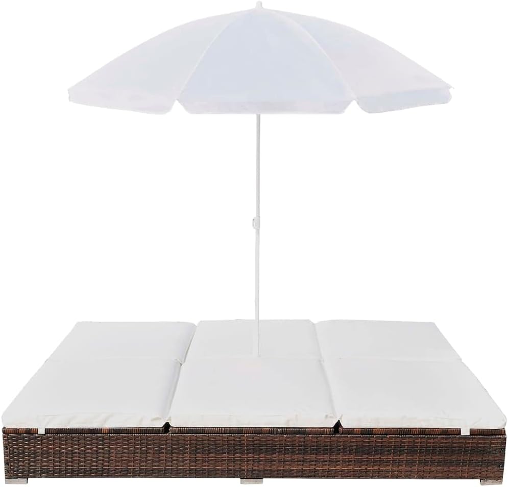 Brown Poly Rattan 2-Person Sun Lounger with Cushion and Umbrella M204
