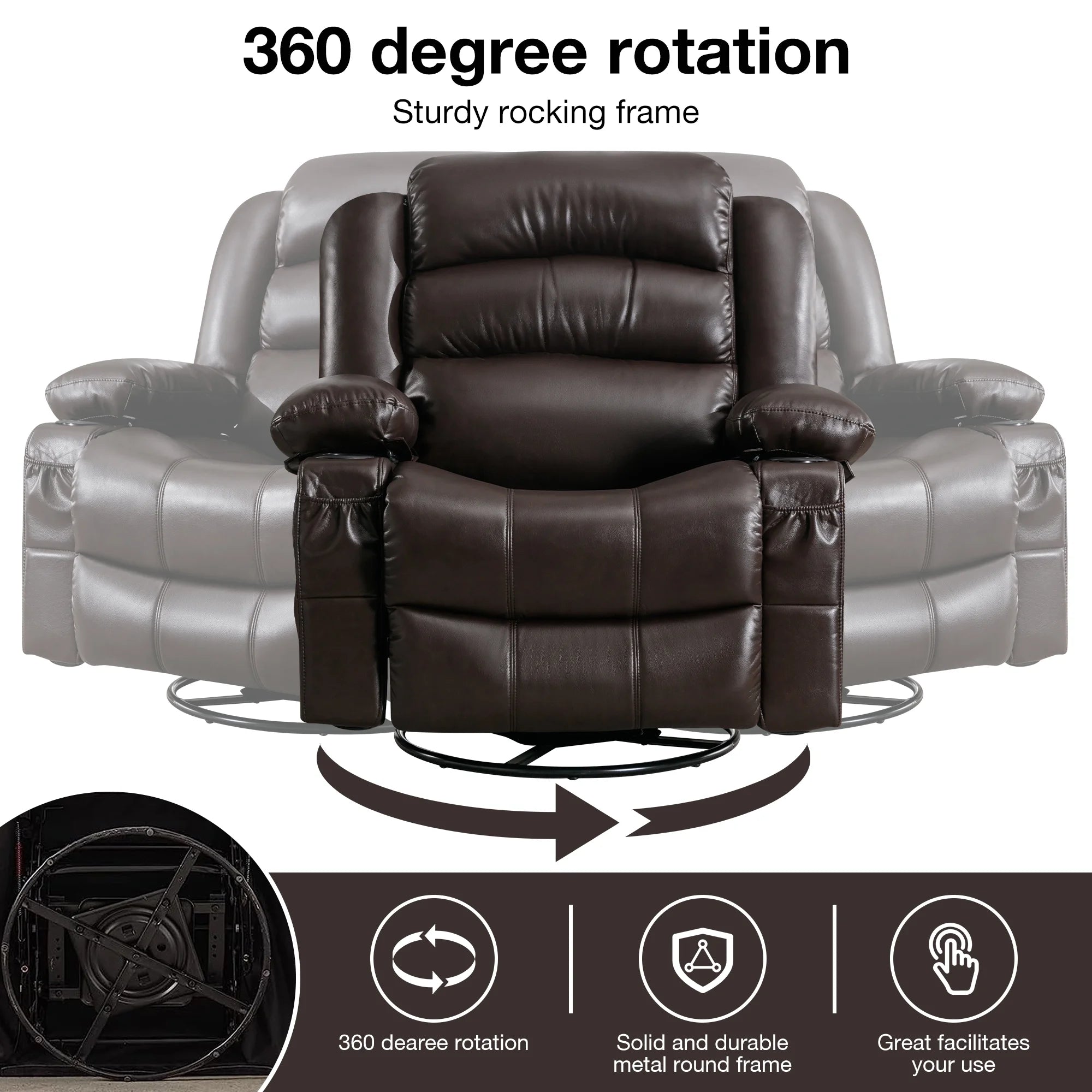 Brown Ergonomic Swivel Rocker Recliner Chair with Vibration Massage and Heat C79824
