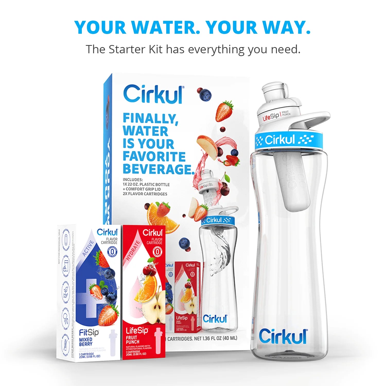 22oz Plastic Water Bottle Starter Kit with Blue Lid and 2 Flavor Cartridges R816210