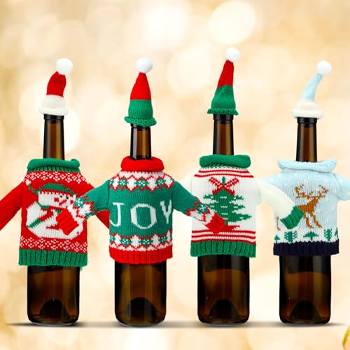 16 Sets Christmas Wine Bottle Sweater Cover with Hat Knitted Dress Snowman Elk Santa X3406