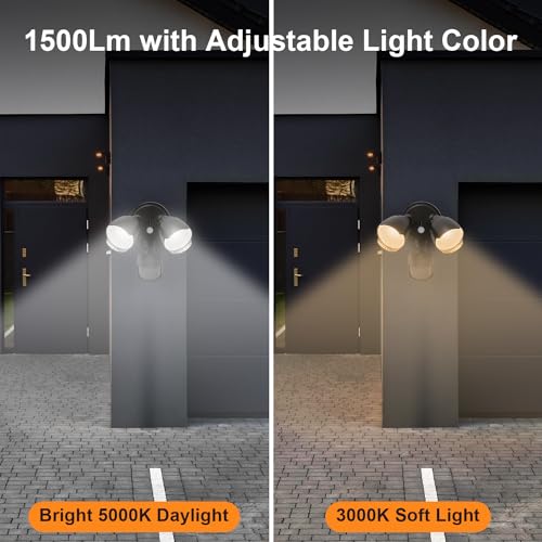 15W 1500 Lumen LED Security Lights with Motion Sensor Outdoor, 3000K/5000K Light, IP65 Waterproof, Dusk to Dawn, Dual-Head Flood Wall Light (Black) W116