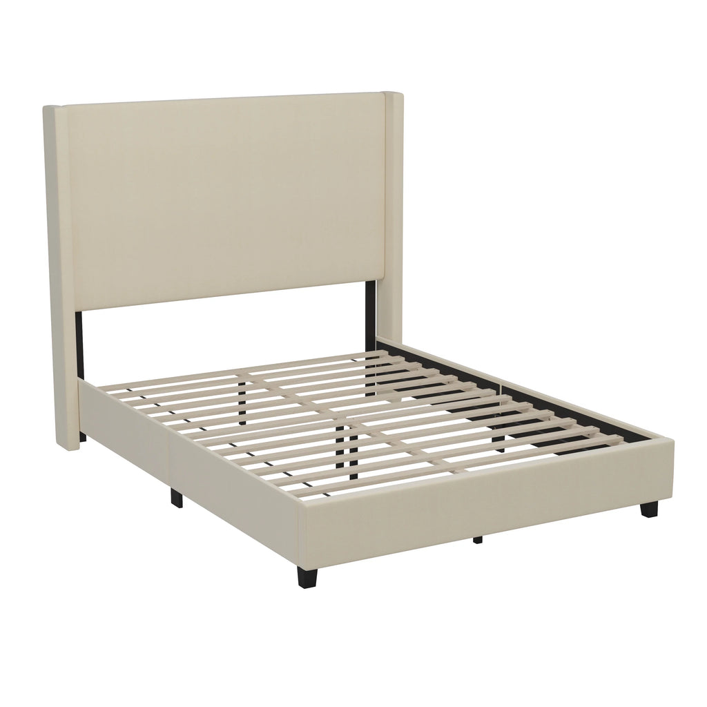 Beige Queen Size Platform Bed Frame with Padded Faux Linen Upholstered Wingback Headboard J85228