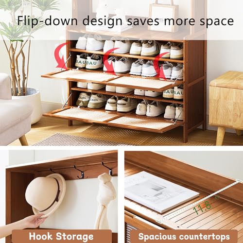 Bamboo Hall Tree with Shoe Storage, 14 Shoe Cubbies, 8 Coat Hooks, Rustic Brown S36359