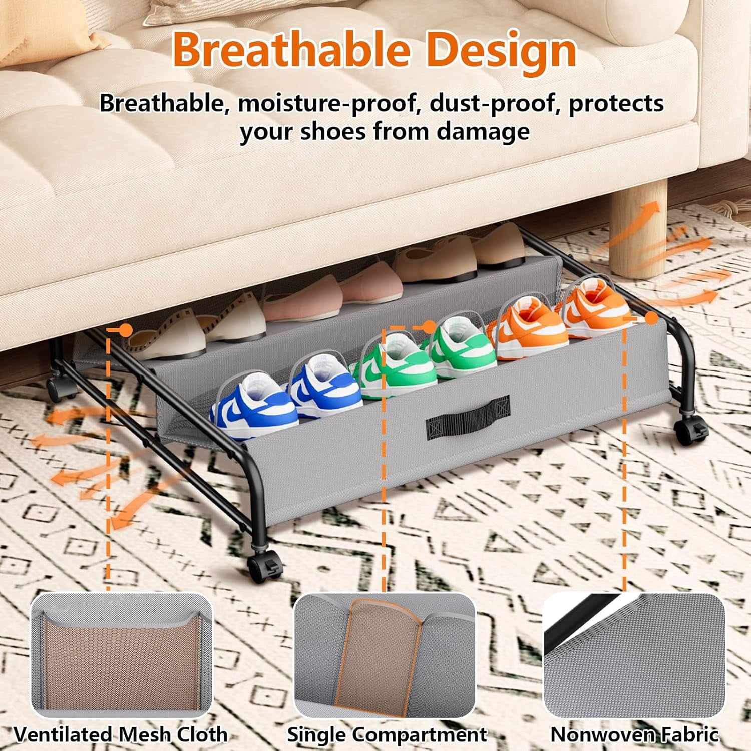 2 Pack Rolling Under Bed Shoe Storage with Breathable Mesh Pockets L30994