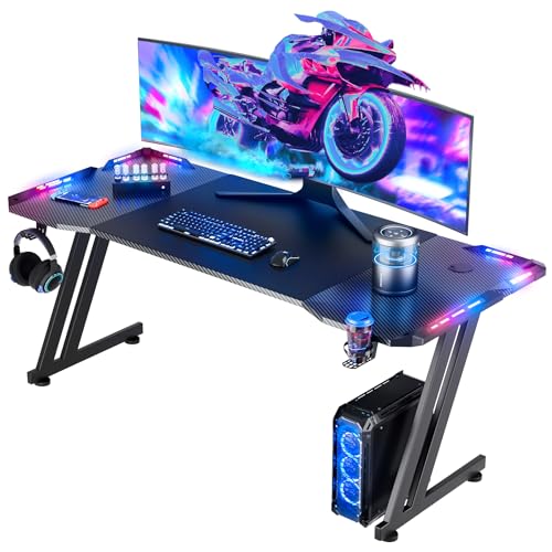 47 Inch Gaming Desk with LED Lights Carbon Fibre Surface N163