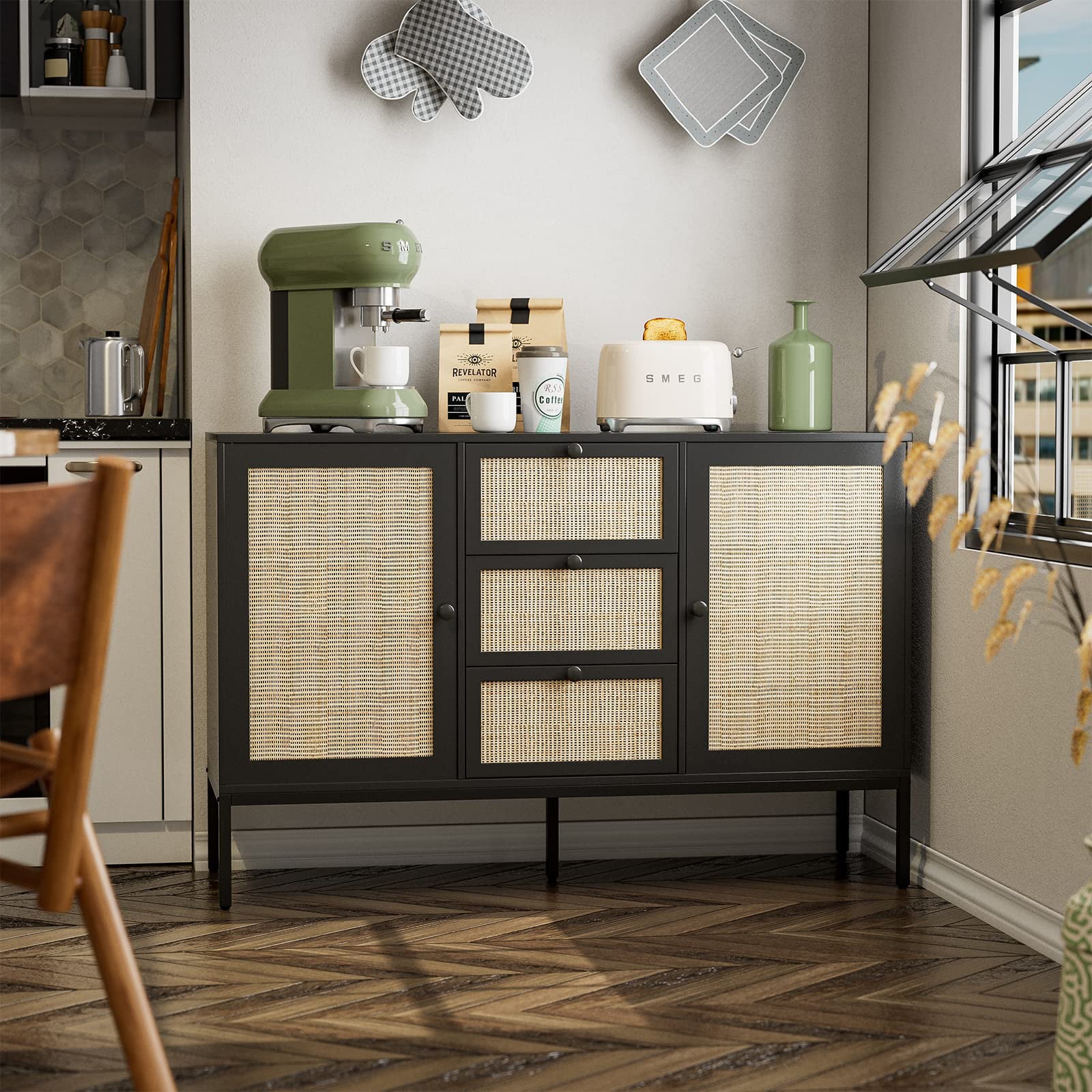 Black Rattan Sideboard Cabinet with 3 Drawers and 2 Doors G3654