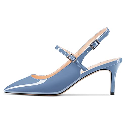 Women Pumps Pointed Toe Ankle Strap Slingback Stiletto Kitten Low Heel Dress Shoes Patent 2.5 Inch H272