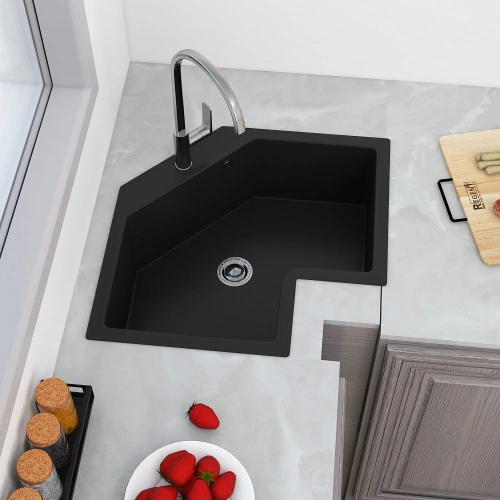 Black Drop In Corner Kitchen Sink Single Bowl Quartz C845223
