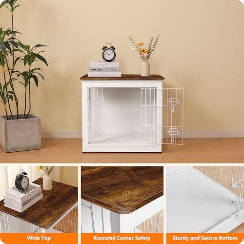 Dog Crate Furniture with Cushion, Wooden Kennel Table with Double Doors, Dark Gray H39636