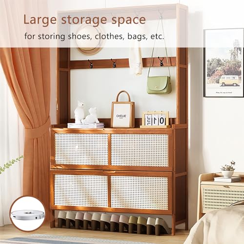 Bamboo Hall Tree with Shoe Storage, 14 Shoe Cubbies, 8 Coat Hooks, Rustic Brown S36359