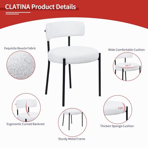 White Boucle Dining Chair Set of 1 with Metal Legs V4977