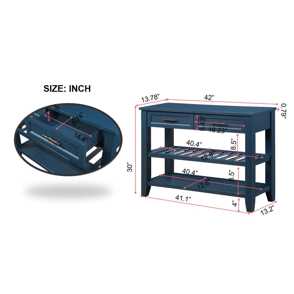 Navy Blue 42'' Solid Wood Console Sofa Table with 2 Drawers and 2 Shelves D790